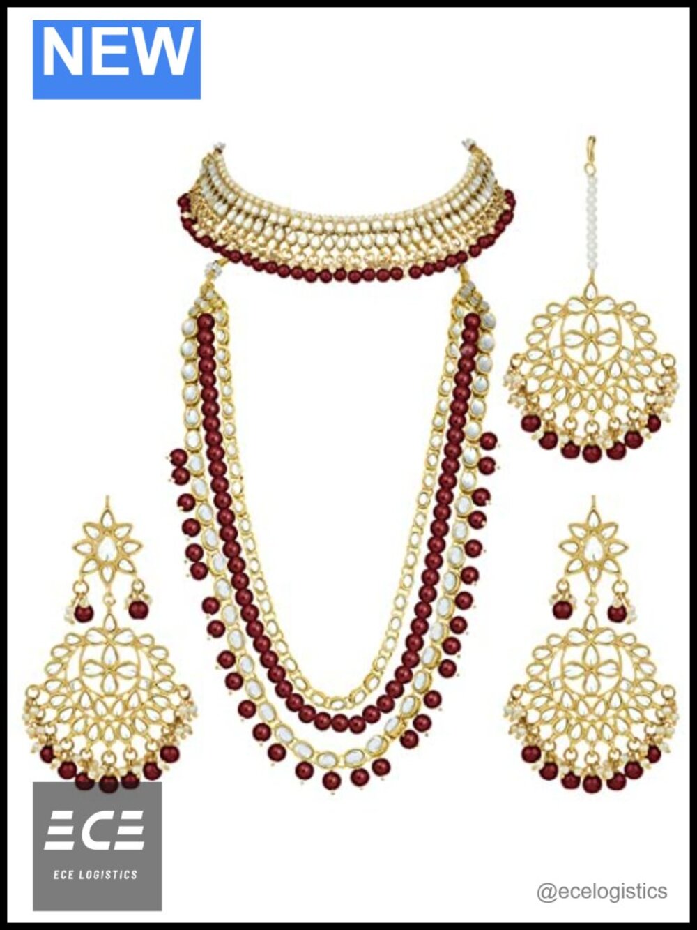 Handcrafted Indian Bridal Jewelry Set Pearl Choker Necklace Earrings Maang Tikka